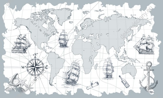 Wzornik fototapety do pokoju dziennego, młodzieżowego, sypialni, salonu, biura. Mapa świata w odcieniach szarości z kompasem, kotwicą i żaglowcami w stylu vintage.