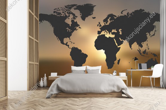 Wizualizacja fototapety do pokoju młodzieżowego, dziennego, salonu, sypialni, biura przedstawiający mapę świata na tle zachodzącego słońca.