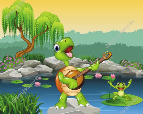 Wzornik fototapety do pokoju dziecięcego z żółwiem grającym na gitarze stojąc na kamieniu w jeziorze, wśród bujnej roślinności.
