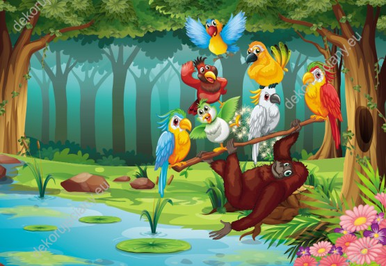Wzornik fototapety do pokoju dziecięcego przedstawiający wesołe, kolorowe papugi i orangutana w egzotycznej dżungli.