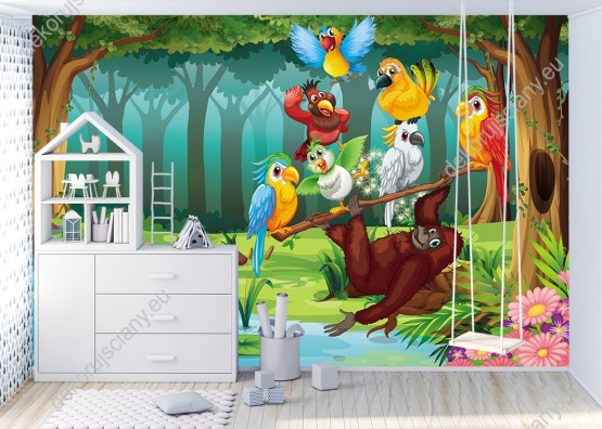 Wizualizacja fototapety do pokoju dziecięcego przedstawiający wesołe, kolorowe papugi i orangutana w egzotycznej dżungli.