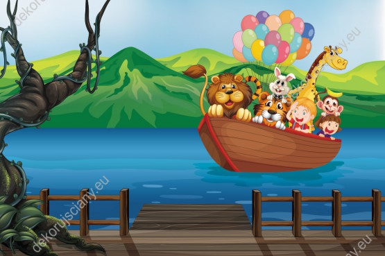 Wzornik fototapety do pokoju dziecięcego z dziećmi i dzikimi zwierzętami (lwem, małpą, żyrafą, tygrysem i królikiem) płynącymi łódką po rzece.