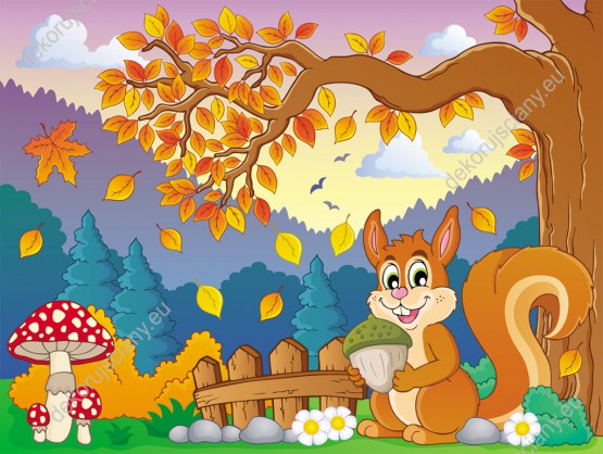 Wzornik fototapety do pokoju dziecięcego w jesiennym klimacie z rudą wiewiórką zbierającą zapasy żołędzi na zimę.