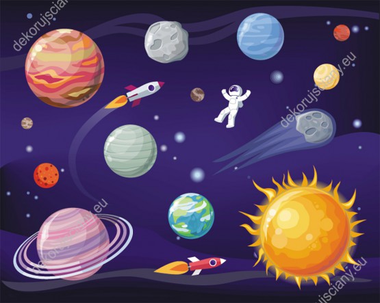 Wzornik fototapety do pokoju dziecięcego z motywem kosmosu. Fototapeta przedstawia kolorowe planety, astronautę i rakiety w przestrzeni kosmicznej.
