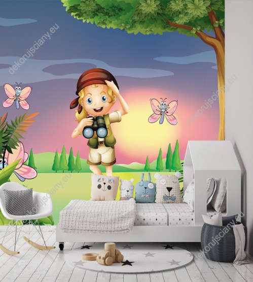 Wizualizacja fototapety do pokoju dziecięcego z dziewczynką obserwującą motyle na wiosennej łące.