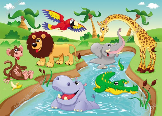 Wzornik fototapety do pokoju dziecięcego z wesołymi zwierzętami z dżungli. Lew, tygrys, żyrafa, krokodyl, słoń, papuga i małpa kąpiące się w rzece.