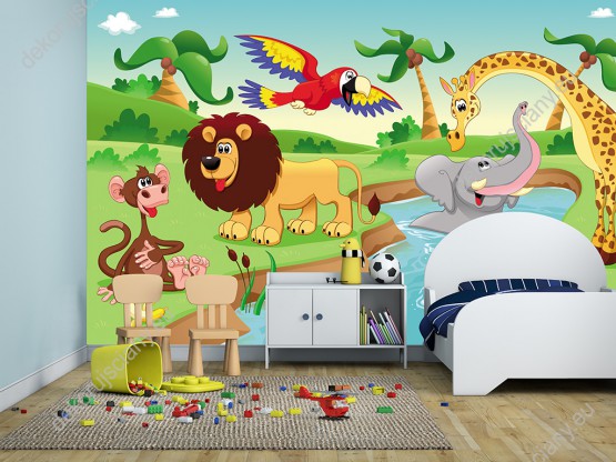 Wizualizacja fototapety do pokoju dziecięcego z wesołymi zwierzętami z dżungli. Lew, tygrys, żyrafa, krokodyl, słoń, papuga i małpa kąpiące się w rzece.