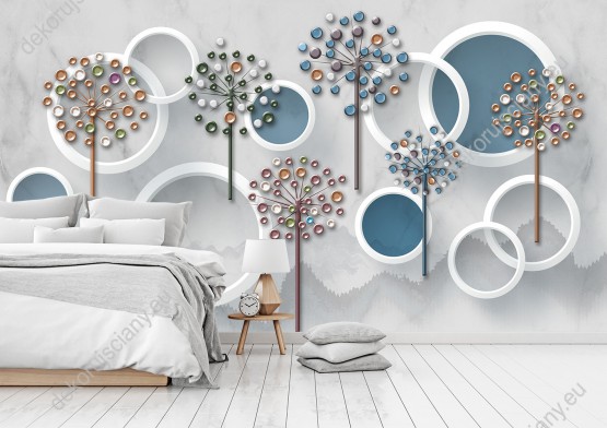 Wizualizacja fototapety z efektem 3D przedstawia szklane dmuchawce i białe pierścienie na szarym tle. Fototapeta do pokoju dziennego, młodzieżowego, sypialni, salonu, biura, gabinetu, przedpokoju i jadalni.