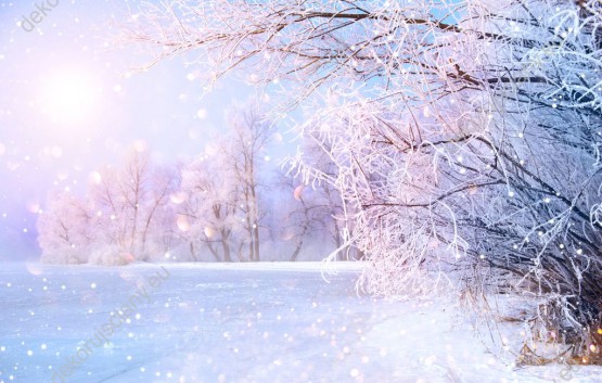 Wzornik obrazu z widokiem na piękne, zimowe drzewa pokryte śniegiem nad zlodowaciałą rzeką. Obraz do pokoju dziennego, biura, salonu, sypialni, gabinetu, przedpokoju i jadalni.