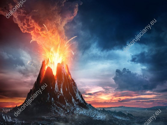 Wzornik obrazu z widokiem na wybuchający wulkan i lawę wystrzelającą w zachmurzone niebo. Obraz do pokoju dziennego, sypialni, biura, salonu, przedpokoju, gabinetu i jadalni.