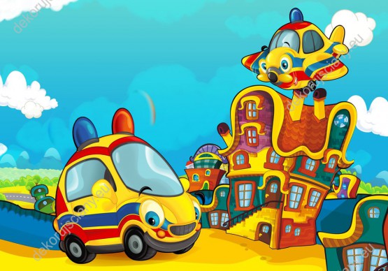 Wzornik, kolorowy obraz do pokoju dziecięcego z kreskówki. Obraz przedstawia ambulansowy, uśmiechnięty samochód i wesoły samolot.