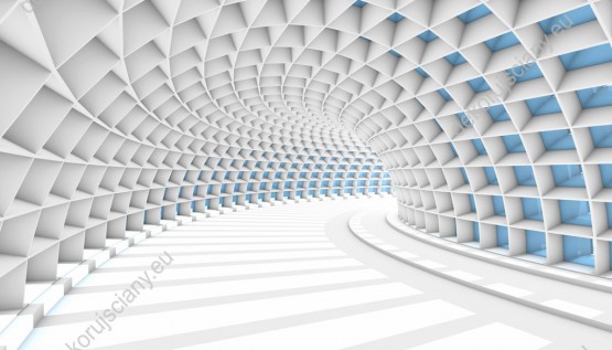 Wzornik obrazu z efektem 3D przedstawia tunel łukowy w kolorze biało-niebieskim. Obraz do pokoju dziennego, młodzieżowego, salonu, sypialni, gabinetu, biura, przedpokoju i jadalni.