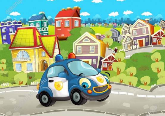Wzornik obrazu do pokoju dziecięcego. Uśmiechnięty samochód policyjny jeździ ulicami miasta.