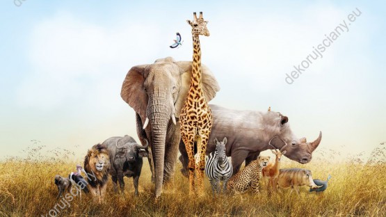 Wzornik obrazu do pokoju dziennego dziecięcego, młodzieżowego, salonu, biura, gabinetu i sypialni z motywem zwierząt Afrykańskich. Lew, słoń, gepard, żyrafa, nosorożec, guziec, bawół, zebra, małpa, antylopa i ptaki stojące grupą na sawannie.