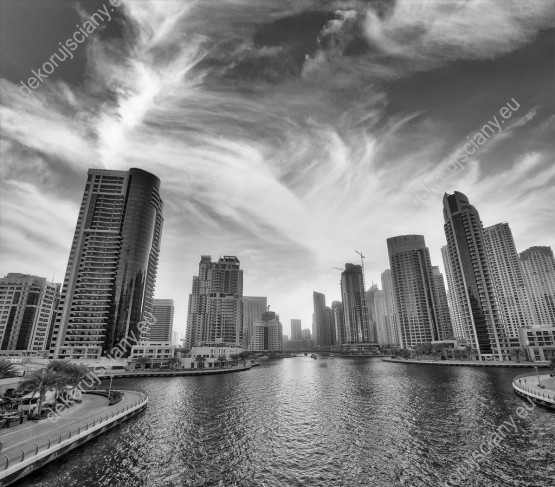 Wzornik, czarno-biały obraz z widokiem wieżowce Dubaj Marina w Zjednoczonych Emiratach Arabskich. Obraz do pokoju dziennego, sypialni, salonu, biura, gabinetu, przedpokoju i jadalni.