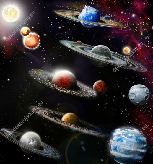 Wzornik obrazu z motywem kosmicznym przedstawia różne planety z systemem pierścieniowym. Obraz do pokoju dziennego, młodzieżowego, dziecięcego, salonu, sypialni, biura.