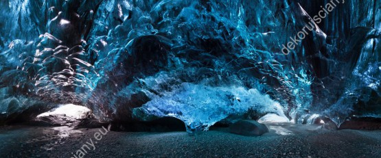 Wzornik obrazu  z widokiem na niebieską, kryształową jaskinię lodową i podziemną rzekę, pod lodowcem w Parku Narodowym w Islandii. Obraz do pokoju dziennego, biura, salonu, sypialni, gabinetu, przedpokoju i jadalni.