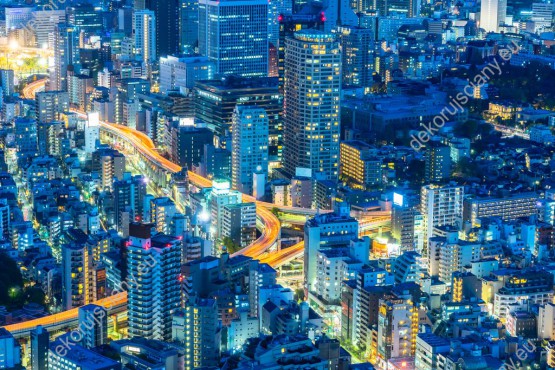 Wzornik obrazu z widokiem na jasno oświetlone, nowoczesne miasto Tokio nocą, w Japonii. Obraz do pokoju dziennego, sypialni, salonu, biura, gabinetu, przedpokoju i jadalni.