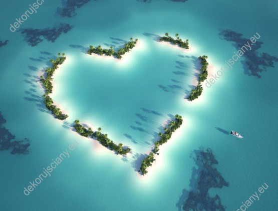 Wzornik obrazu w widokiem tropikalnej wyspy w kształcie serca na tle turkusowego morza. Obraz przeznaczony do sypialni, pokoju młodzieżowego, gabinetu, salonu, przedpokoju.