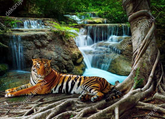 Wzornik obrazu z widokiem odpoczywającego przy wodospadzie tygrysa. Obraz przeznaczony do pokoju dziennego, dziecięcego, młodzieżowego, salonu, sypialni, biura.