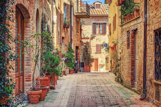 Wzornik obrazu przedstawiająca spokojną uliczkę ozdobioną kwiatami, w rejonie Toskanii we Włoszech. Obraz do pokoju dziennego, młodzieżowego, sypialni, biura, salonu, gabinetu, przedpokoju i jadalni.