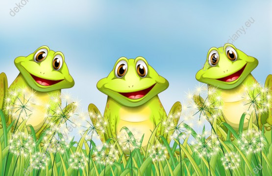 Wzornik obrazu do pokoju dziecięcego z trzema wesołymi żabkami na wiosennej łące wśród dmuchawców.