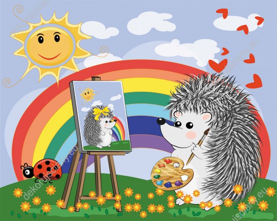 Wzornik obrazu do pokoju dziecięcego z jeżem artystą malującym obraz na kolorowej, wiosennej łące.