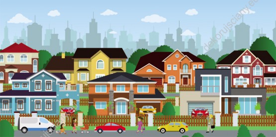Wzornik obrazu do pokoju dziecięcego przedstawiający ulicę miasta z kolorowymi budynkami.
