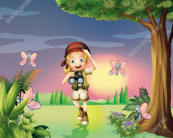 Wzornik obrazu do pokoju dziecięcego z dziewczynką obserwującą motyle na wiosennej łące.