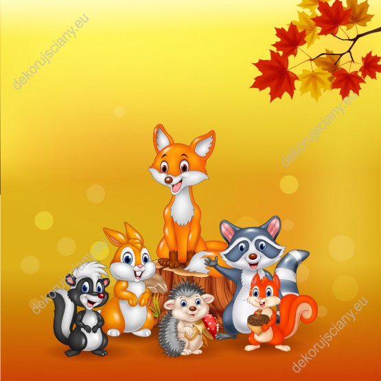 Wzornik obrazu do pokoju dziecięcego. Leśne zwierzęta lis, królik, szop, jeż, skunks, wiewiórka z jesiennymi darami lasu, na pomarańczowym tle.
