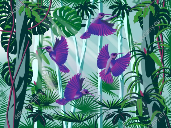 Wzornik obrazu do pokoju dziennego, młodzieżowego, dziecięcego, salonu, sypialni, biura z motywem tropikalnych ptaków. Obraz przedstawia kolibry latające w zaroślach zielonej dżungli.