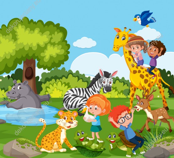 Wzornik obrazu do pokoju dziecięcego, przedstawiająca dzieci bawiące się ze zwierzętami.