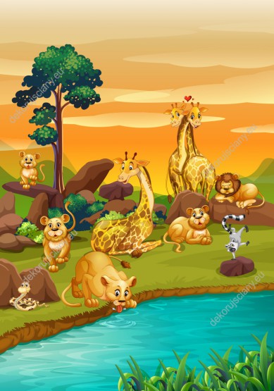 Wzornik obrazu do pokoju dziecięcego z motywem dzikich zwierząt afrykańskich. Lwy, żyrafy, lemur i wąż przy wodopoju.