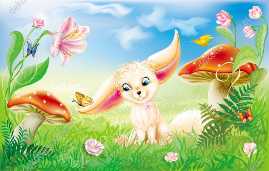 Wzornik obrazu do pokoju dziecięcego. Na obrazie mały lisek siedzi na łące wśród wiosennych kwiatów, grzybów i kolorowych motyli.