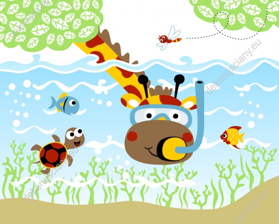 Wzornik obrazu do pokoju dziecięcego przedstawiający żyrafę nurkującą w masce z rybami i żółwiem.