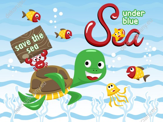 Wzornik obrazu do pokoju dziecięcego z grupą pływających razem podwodnych przyjaciół: żółwiem rakiem, rybami, rozgwiazdą i meduzą.