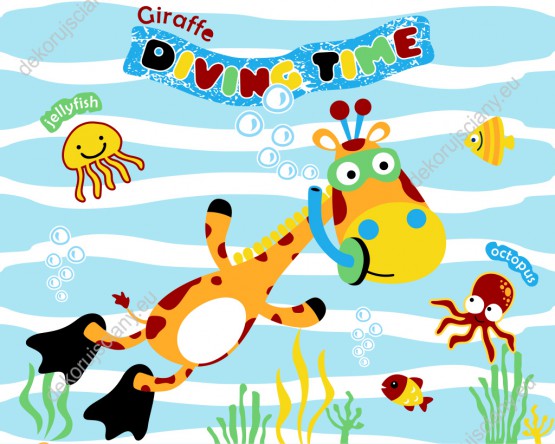 Wzornik obrazu do pokoju dziecięcego z wesołą żyrafą nurkującą w oceanie z rybami i ośmiornicami.