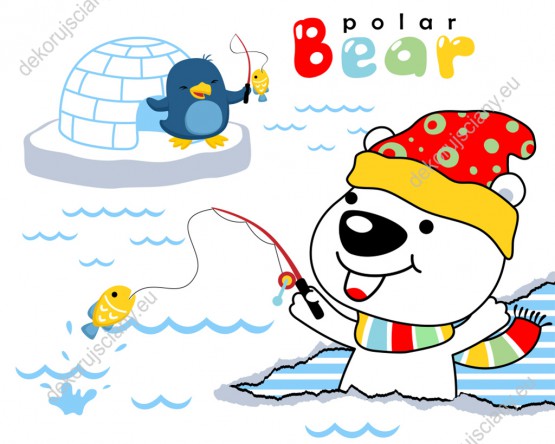 Wzornik obrazu do pokoju dziecięcego z białym misiem polarnym i pingwinem łowiącymi ryby.