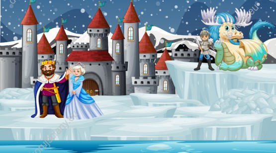 Wzornik obrazu do pokoju dziecięcego z motywem bajkowym. Król, księżniczka, rycerz i smok na tle dużego zamku w zimowej scenerii.