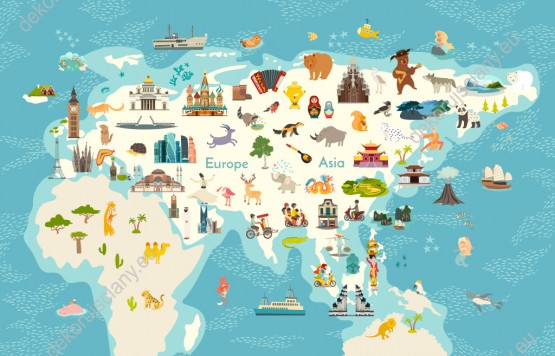 Wzornik obrazu do pokoju dziecięcego przedstawiająca mapę Eurazji ze zwierzętami i ważnymi elementami różnych krajów, na błękitnym tle mórz i oceanów.