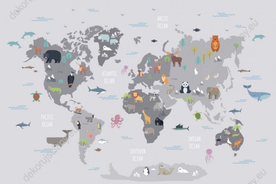 Wzornik obrazu do pokoju młodzieżowego i dziecięcego z mapą świata w odcieniach szarości z kolorowymi zwierzętami wszystkich kontynentów.