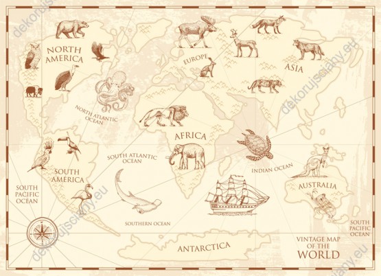 Wzornik obrazu do pokoju dziennego, młodzieżowego, dziecięcego, salonu, sypialni, biura. Na obrazie mapa świata w stylu vintige ze zwierzętami pięknie zdobi ścianę.