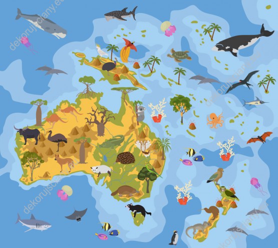 Wzornik obrazu do pokoju młodzieżowego i dziecięcego. Obraz przedstawia mapę Australii i Oceanii z kolorowymi zwierzętami i roślinami.