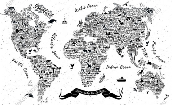Wzornik, czarno-biały obraz z typograficzną mapą świata. Obraz do pokoju młodzieżowego, dziecięcego, sypiali, biura.