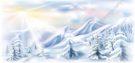 Wzornik, piękny, malowniczy krajobraz zimowy. Góry i drzewa pokryte śniegiem i oświetlone promieniami słońca. Obraz do pokoju dziennego, młodzieżowego, dziecięcego, salonu, sypialni, biura.