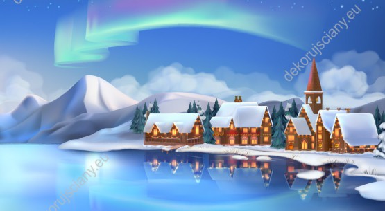 Wzornik obrazu do pokoju dziennego, młodzieżowego, dziecięcego, salonu, sypialni. Obraz z zimowym krajobrazem. Ośnieżona wioska pełna świątecznych dekoracji.