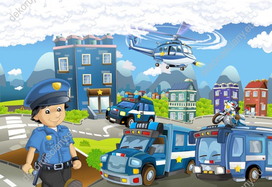 Wzornik obrazu do pokoju dziecięcego z policjantem z kreskówki, samochodami helikopterami.