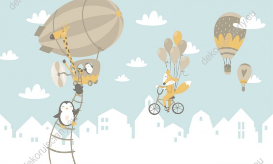 Wzornik obrazu do pokoju dziecięcego w latające balony ze zwierzętami, nad miastem.