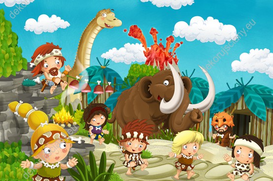 Wzornik obrazu do pokoju dziecięcego przedstawia świat prehistoryczny z jaskiniowcami, dinozaurem i mamutem, a w tle wybuchający wulkan.
