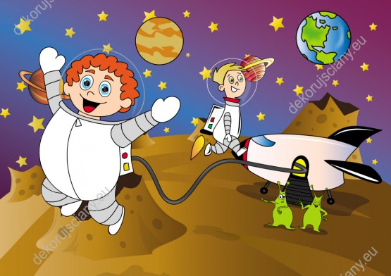 Wzornik obrazu do pokoju dziecięcego z motywem kosmosu. Astronauci, rakieta i kosmici na obcej planecie z planetami i gwiazdami w tle.
